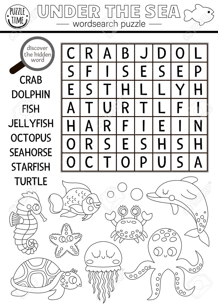 Vector black and white under the sea word search puzzle for kids simple easy line ocean life word search quiz water animals and fish educational activity coloring page with octopus crab royalty