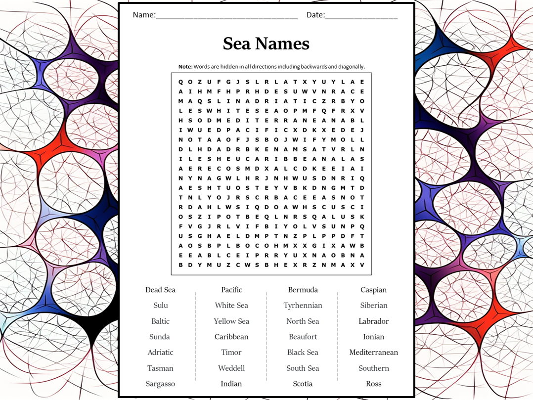 Sea names word search puzzle worksheet activity teaching resources