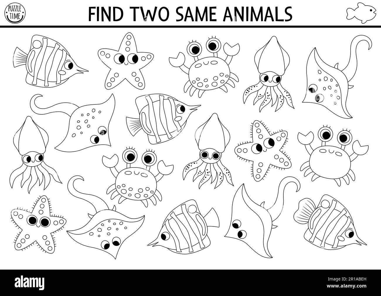 Find two same water animals under the sea black and white matching activity ocean life line educational quiz worksheet for kids simple printable co stock vector image art
