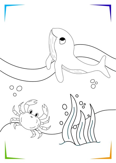 Premium vector black and white crab whale seaweed coloring page for kids marine underwater inhabitants vector illustration printable for kids worksheet for children coloring book black outlines sea life