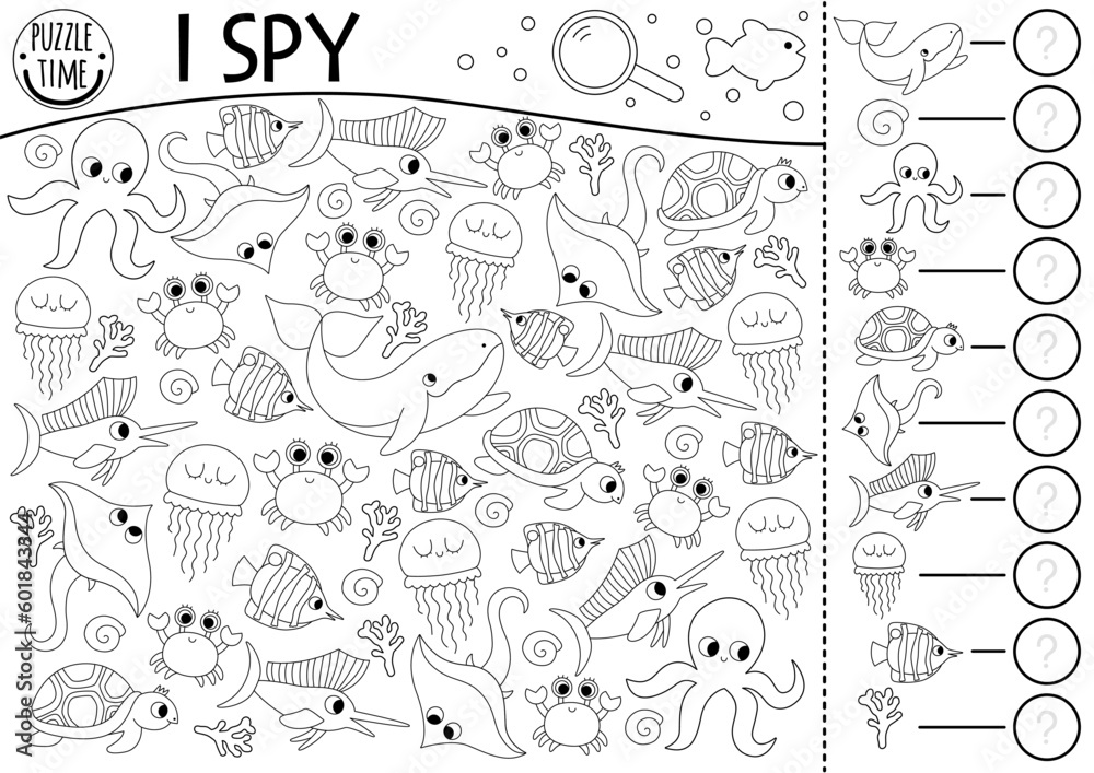 Under the sea black and white i spy game for kids searching and counting line activity with fish whale octopus crab turtle jellyfish ocean life printable worksheet simple water coloring page