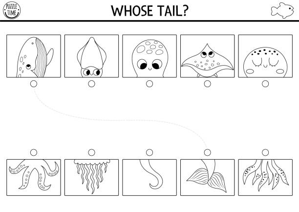 Under the sea black and white connect halves worksheet matching game coloring page for preschool kids with ocean animals match heads and tails line activity with octopus jellyfish whale stock illustration