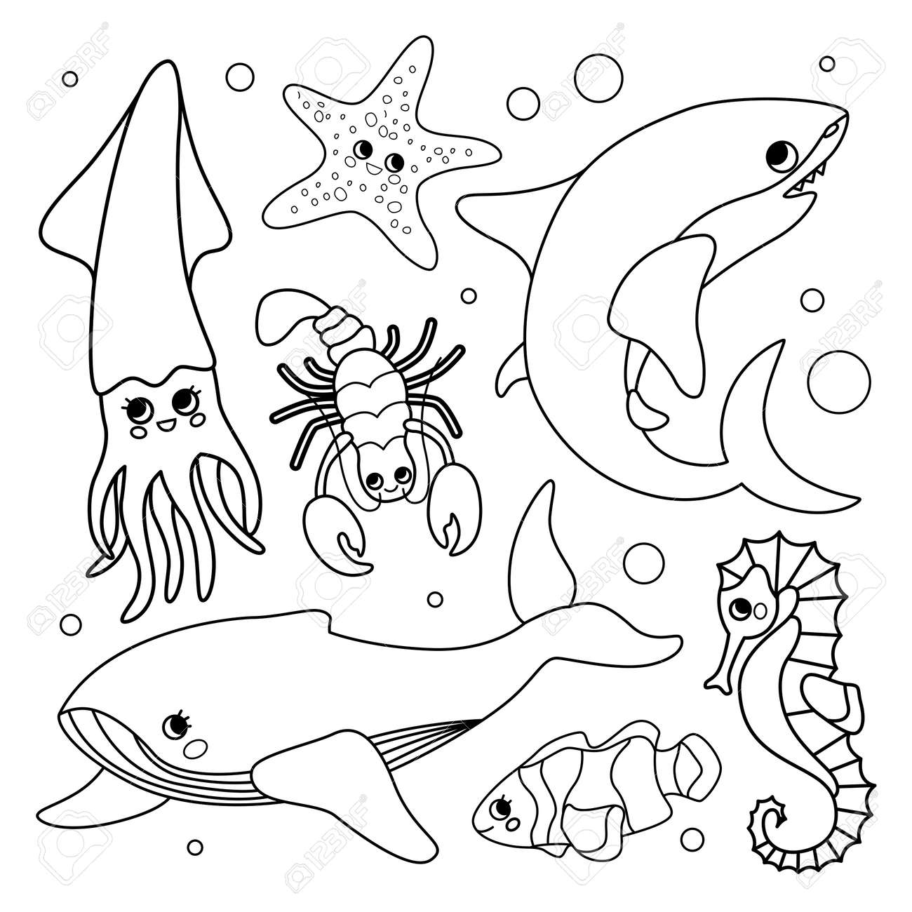 Vector set of underwater animals coloring book for kids royalty free svg cliparts vectors and stock illustration image