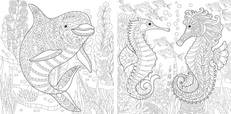 Coloring page adult coloring book underwater ocean world dolphin among marine seaweed sea horse shoal of tropical fishes antistress freehand sketch collection with doodle and zentangle elements royalty free svg cliparts vectors