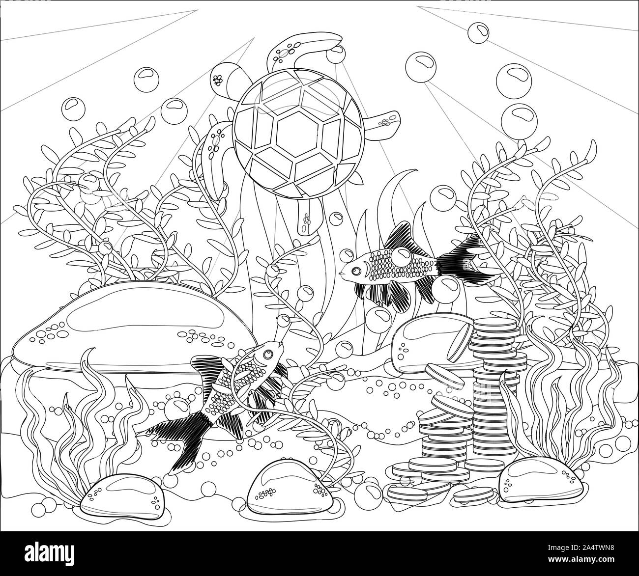 Underwater world anti stress coloring book for adult outline drawing coloring page black and white in zentangle style sea shells marine theme stock photo