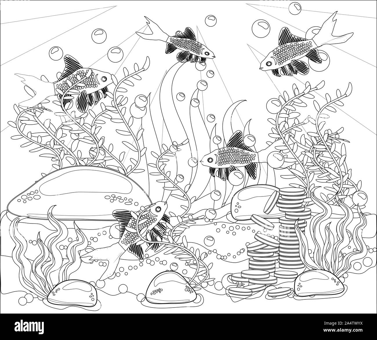 Underwater world anti stress coloring book for adult outline drawing coloring page black and white in zentangle style sea shells marine theme stock photo