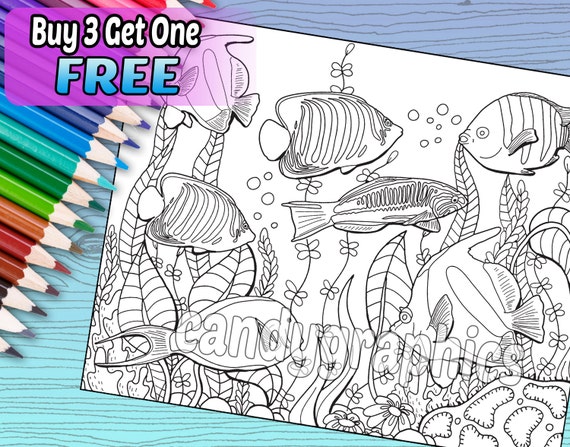 Ocean fish adult coloring book page printable instant download
