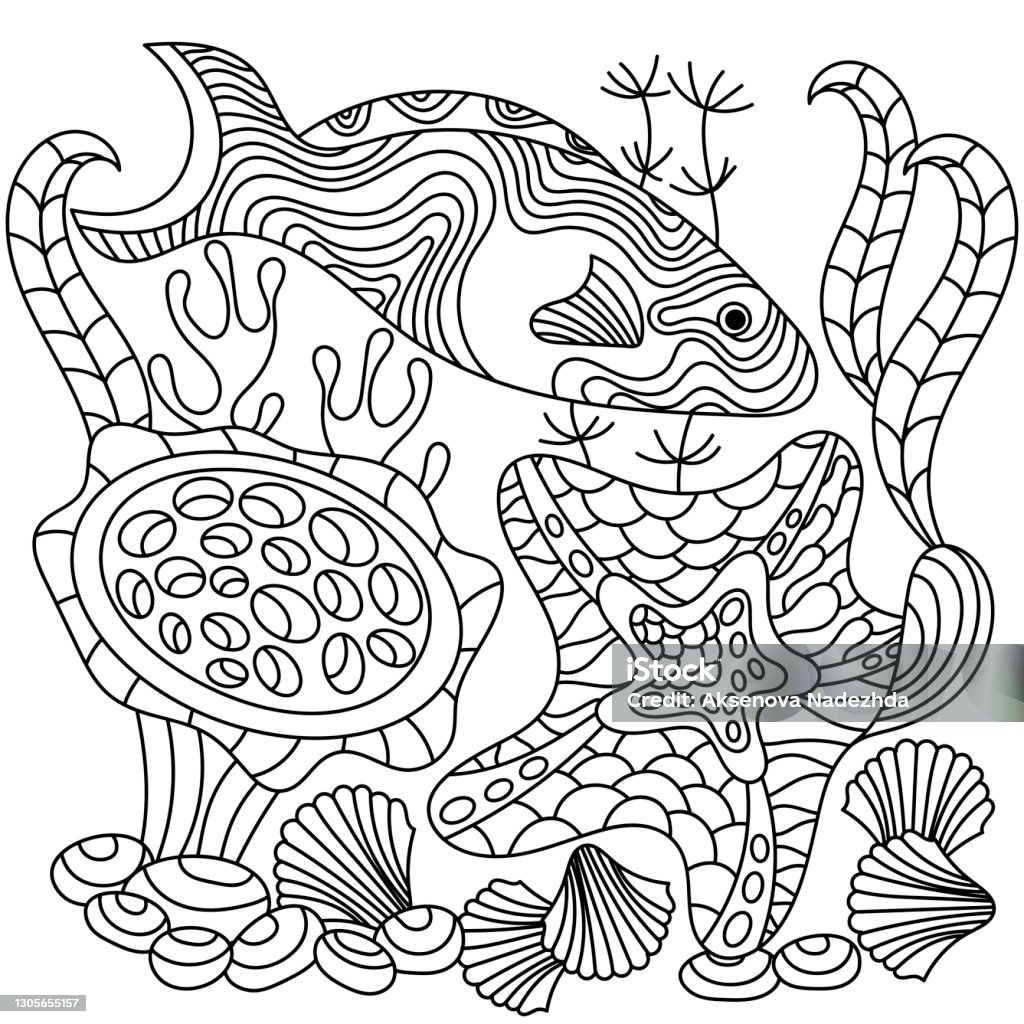 Coloring book for adults underwater marine vector motif doodles of the underwater world sea ocean river stock illustration