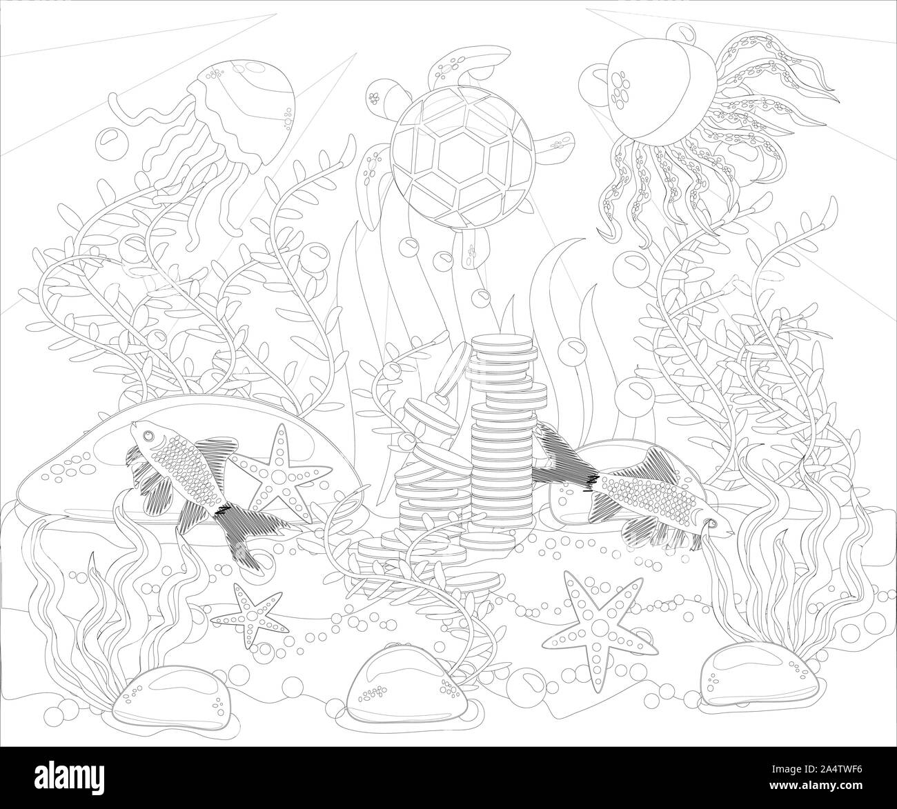 Underwater world anti stress coloring book for adult outline drawing coloring page black and white in zentangle style sea shells marine theme stock photo