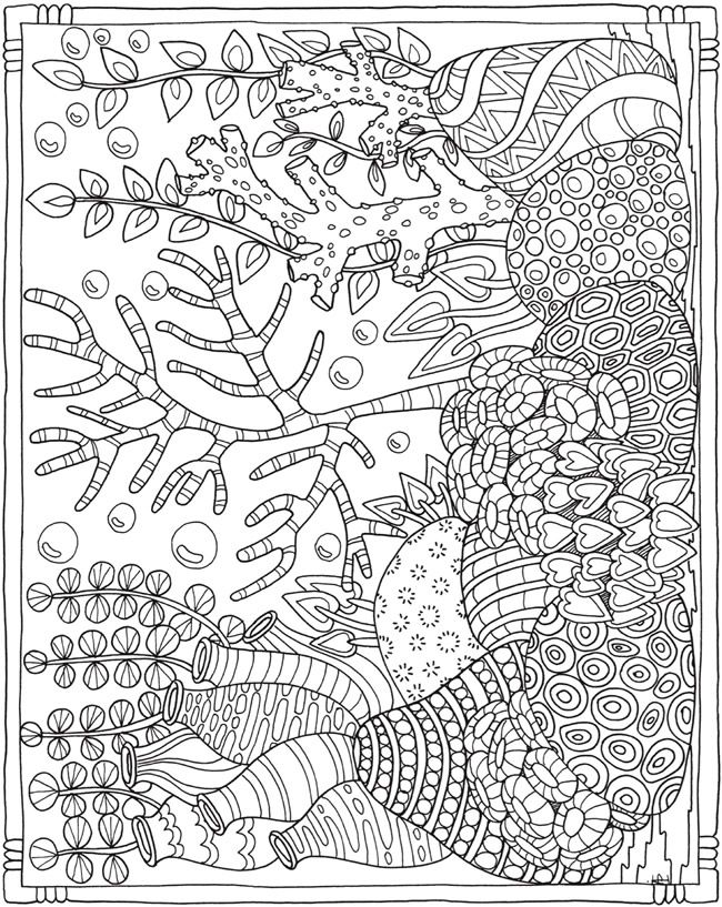 Underwater ocean sea coral bubbles plants printable coloring page by dover publications ocean coloring pages coloring pages mandala coloring pages