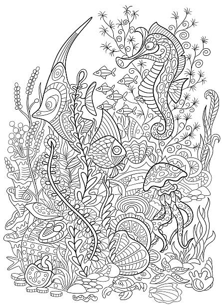 Stylized animal set sea collection ocean life stock illustration