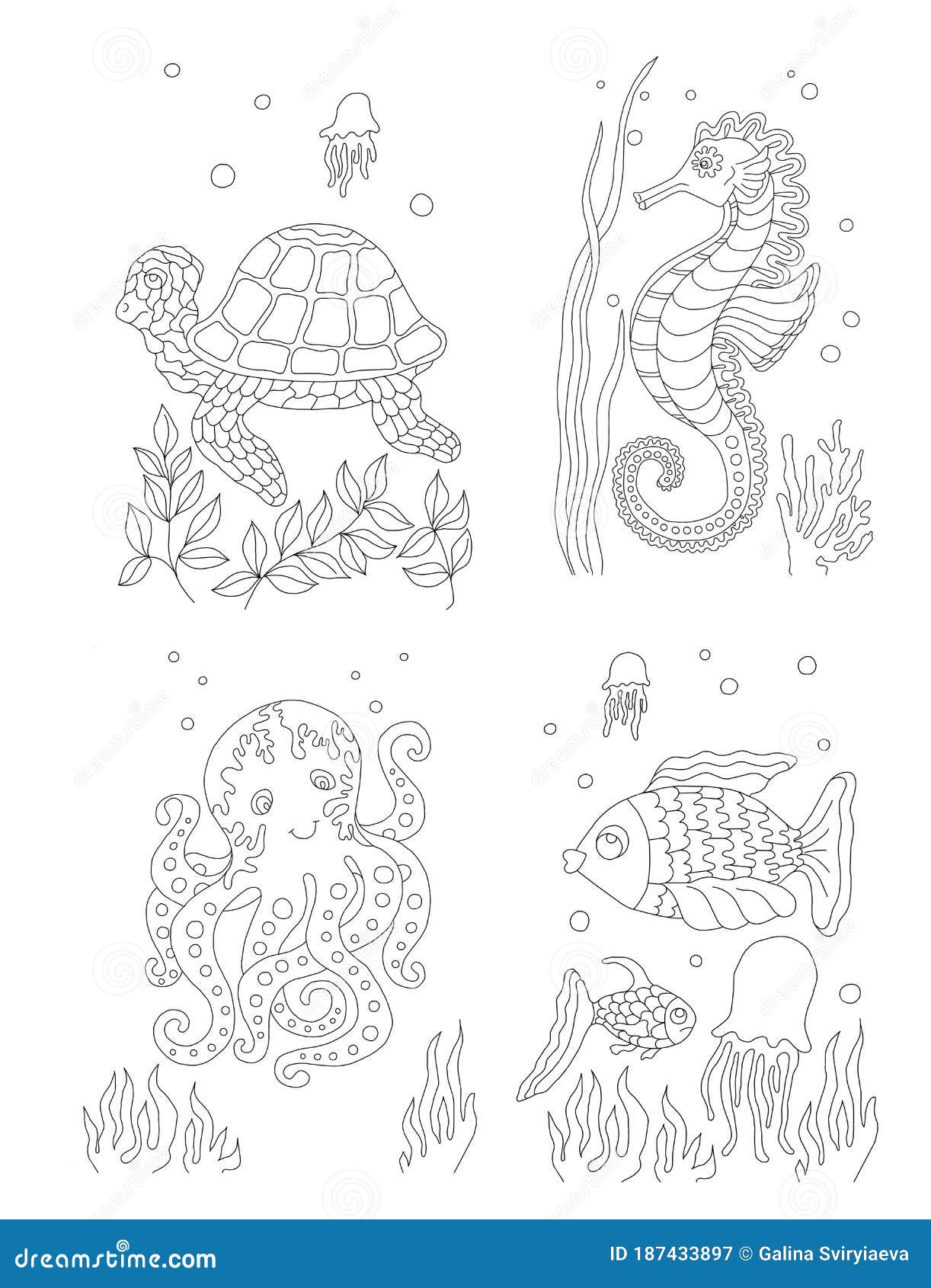 Underwater life coloring book underwater world black and white illustration for coloring book stock illustration