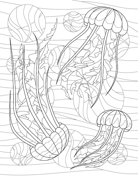 Premium vector coloring book page with octopuses swimming underwater with circles of detailed tentacles sheet to be colored with jellyfish going all over together