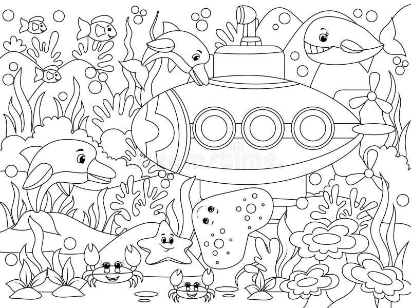 Underwater sea transport marine livestock fish coloring page outline of cartoon stock illustration