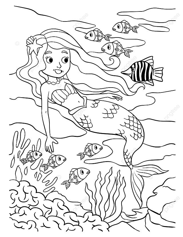 Mermaid and fish coloring sheet for children underwater beautiful color vector underwater beautiful color png and vector with transparent background for free download