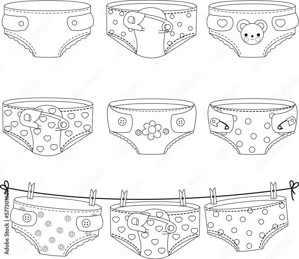 Baby girl and baby boy underwear and diapers collection hanging on clothes line vector black and white coloring page vector