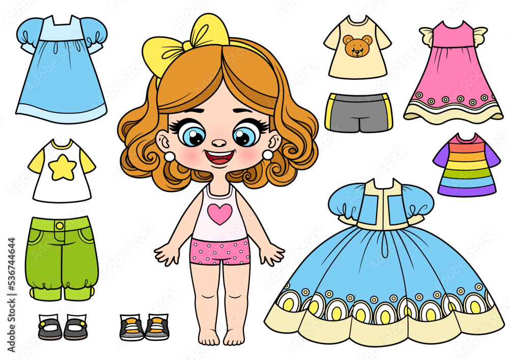 Cute cartoon girl in underwear and with a set of clothes and shoes for dressing color variation for coloring page on white background vector