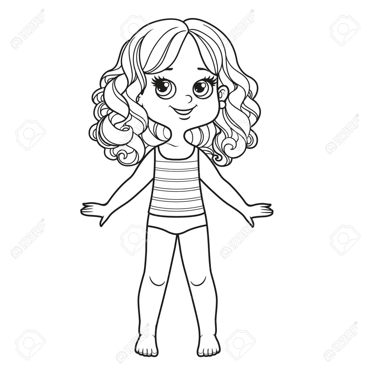Cute cartoon girl with curly hair with large curls dressed in underwear and barefoot outline for coloring on a white background royalty free svg cliparts vectors and stock illustration image