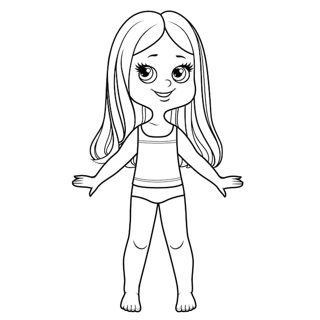 Premium vector cute cartoon girl dressed in underwear and barefoot with long straight hair outline for coloring on a white background