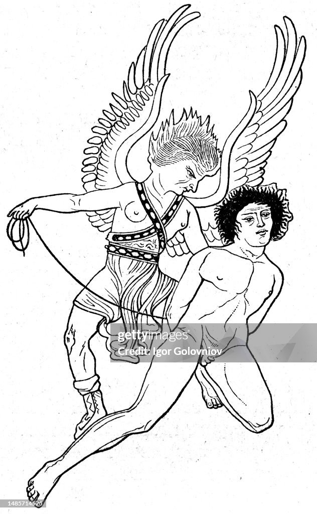 Erinye linking pirithous in the underworld drawing on the vase
