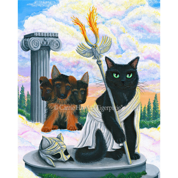 Hades greek god of the underworld as a cat and cerberus god hades on mount olympus greek mythology black cat art print fantasy cat art