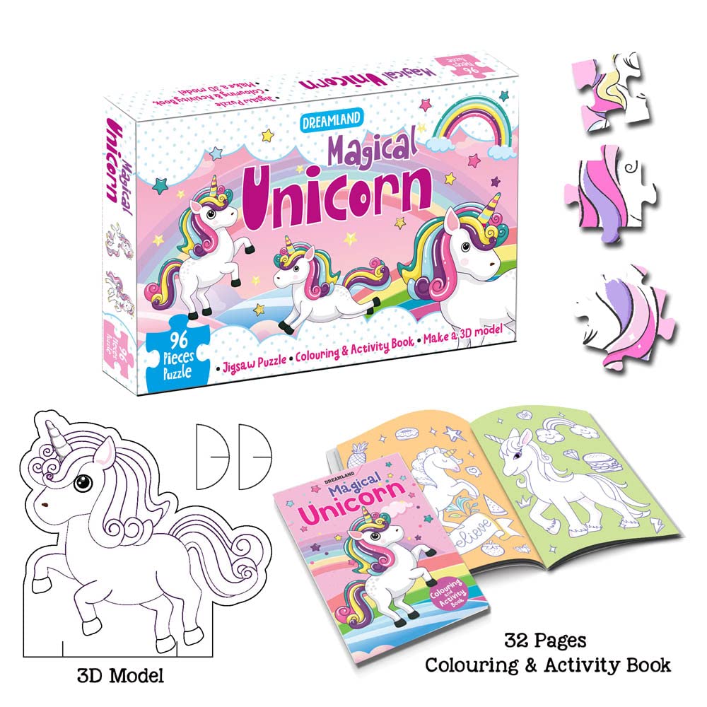 Magical unicorn jigsaw puzzle for kids â pcs with colouring act