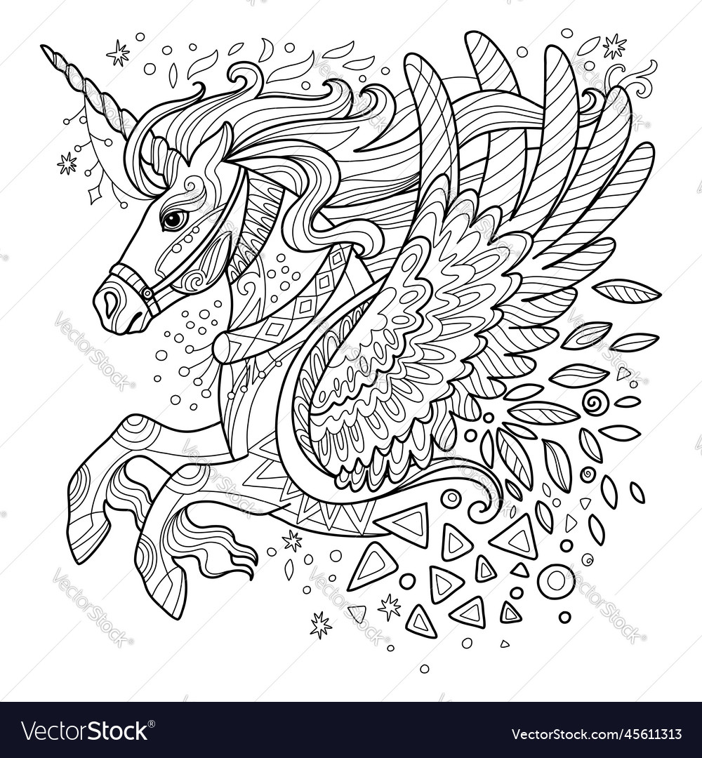 Unicorn in profile adult antistress coloring page vector image