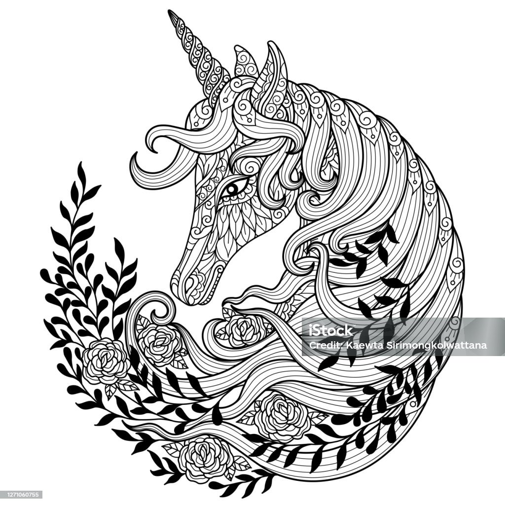 Doodle unicorn with flower s adult coloring page illustration style stock illustration