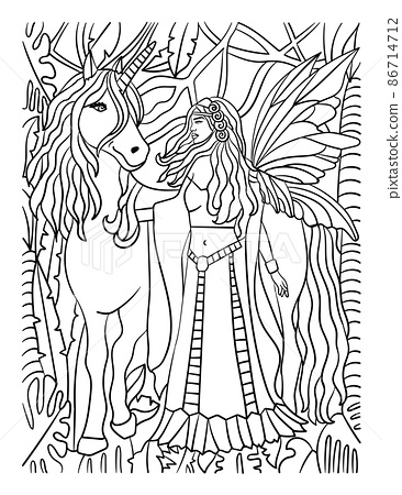 Unicorn walking with fairy coloring page for adult