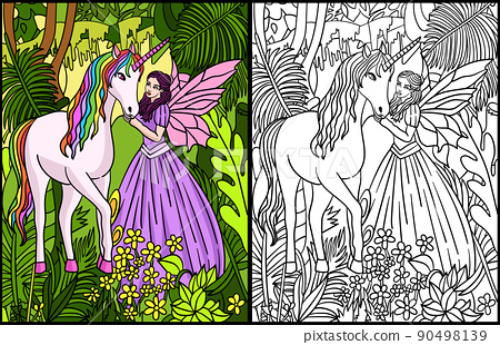 Fairy petting unicorn coloring page colored