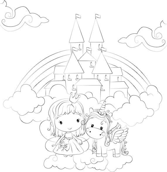 Unicorn fairy coloring page digital coloring page instant download printable pdf castle instant download