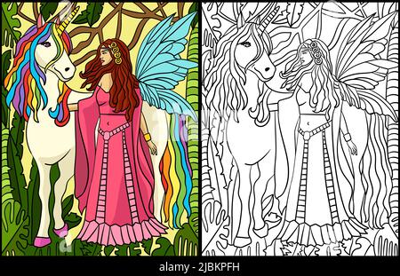 Walking fairy and unicorn coloring page colored stock vector image art