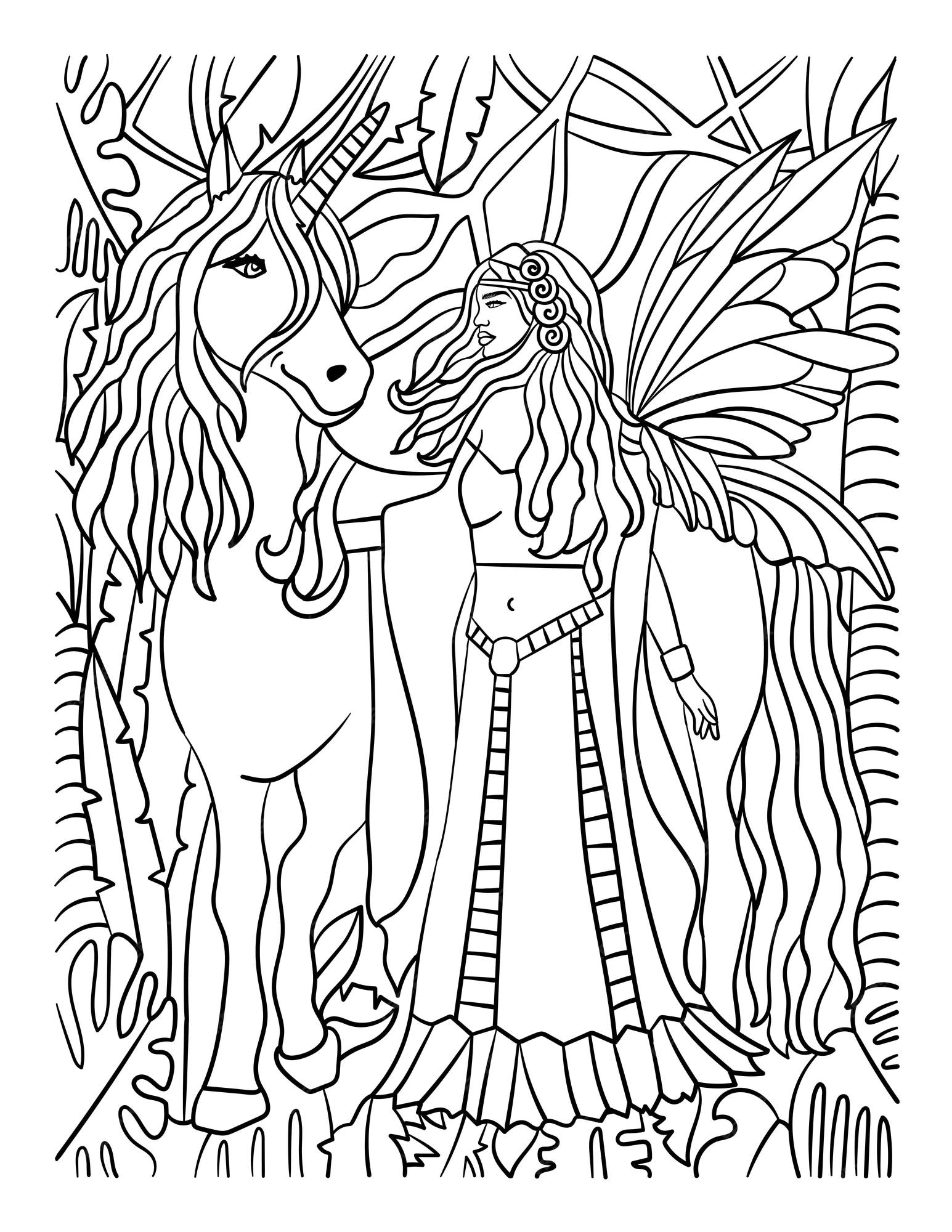 Premium vector unicorn walking with fairy coloring page for adult