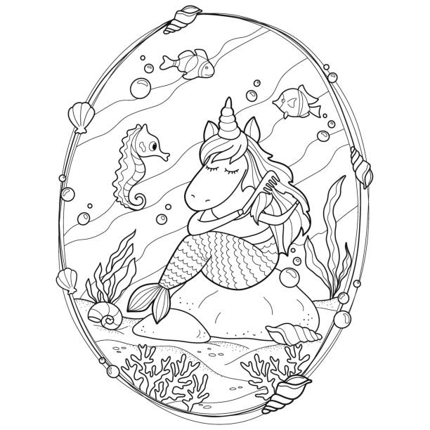 Unicorn mermaid coloring page for kids stock illustration