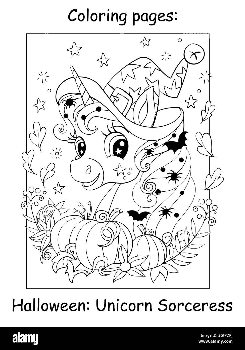 Cute portrait of unicorn in a witch costume with spiders and bats in mane with flowers and pumpkins halloween concept coloring book page for childr stock vector image art