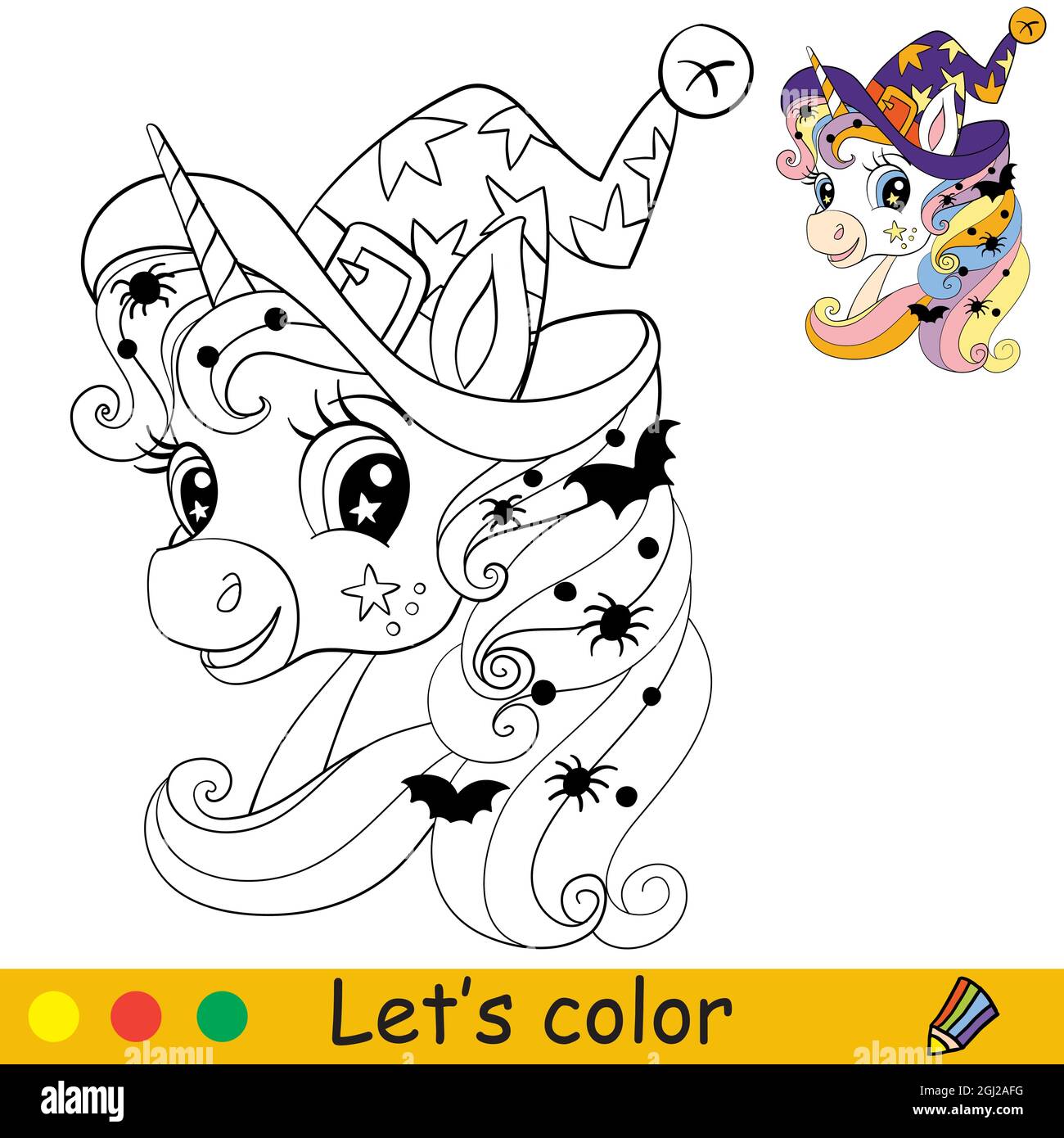 Head of unicorn in witches hat with spiders and bats in mane halloween concept coloring book page for children vector cartoon illustration for edu stock vector image art