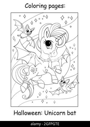 Cute bat unicorn with wings flies halloween concept coloring book page for children vector cartoon isolated illustration for coloring book educat stock vector image art