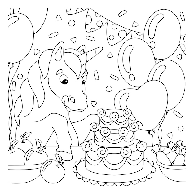 Premium vector coloring book page for kids the unicorn at the birthday party looks at the cake