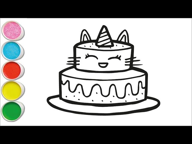 Unicorn cake drawing painting and coloring for kids toddlers how to draw cake