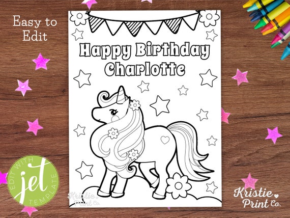 Editable happy birthday unicorn coloring page happy birthday coloring page with name unicorn birthday favors kids party games printable