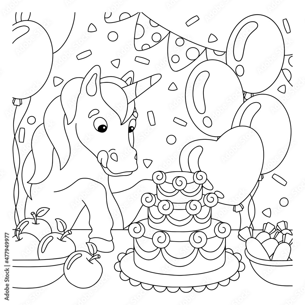 Coloring book page for kids the unicorn at the birthday party looks at the cake cartoon style character vector illustration isolated on white background vector