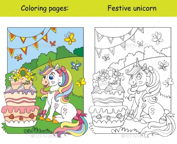 Cute unicorn celebrating a birthday coloring book vectors