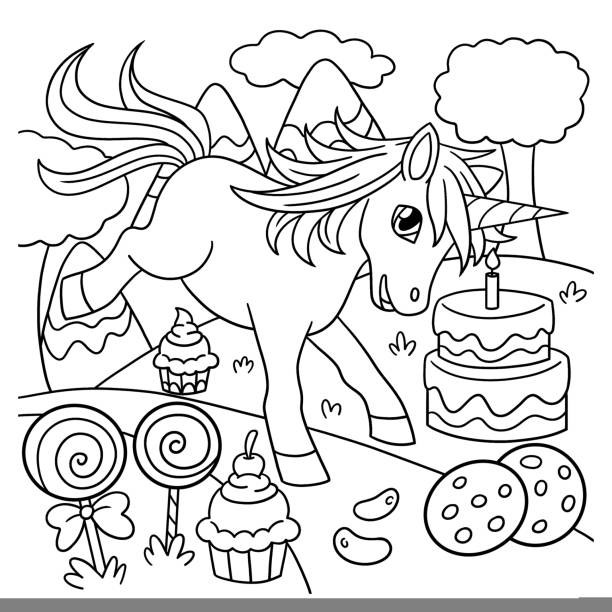 Unicorn in candy land coloring page for kids stock illustration