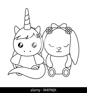 Cute little unicorn with bunny baby character vector illustration design stock vector image art
