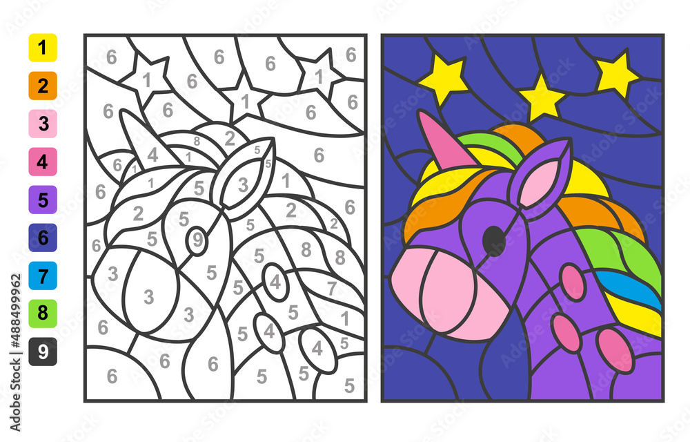 Color by numbers unicorn animal puzzle game for children education colors for drawing and learning mathematics vector