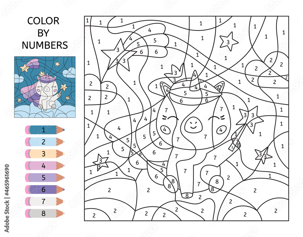 Educational game color by numbers cute cartoon unicorn with magic wand clouds and stars princess little pony black and white coloring page learn numbers and colors printable worksheet vector