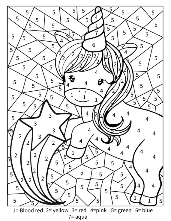Printable unicorn color by number activity page for kids age and up