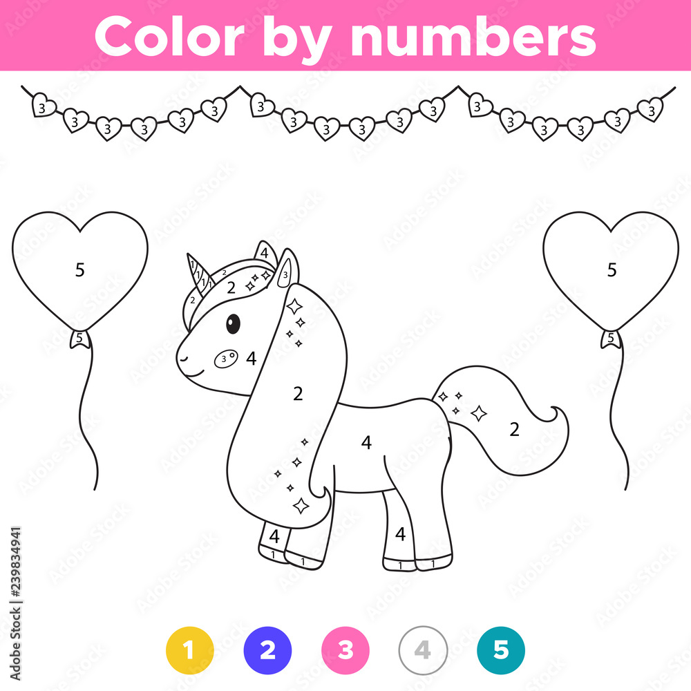 Paintings on glass number loring page cute cartoon unirn with balloons valentines day educational game for preschool kids vector illustration