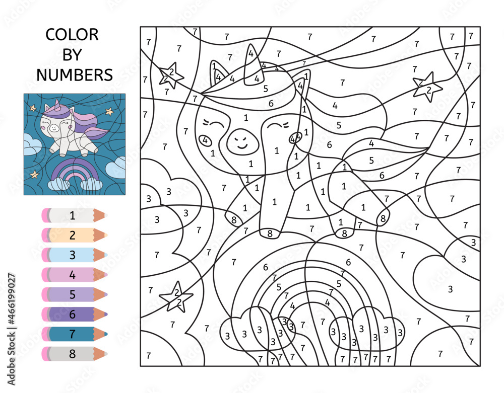 Number coloring page with cute unicorn and rainbow kawaii cartoon pony educational game for preschoolers learn numbers and colors printable worksheet vector