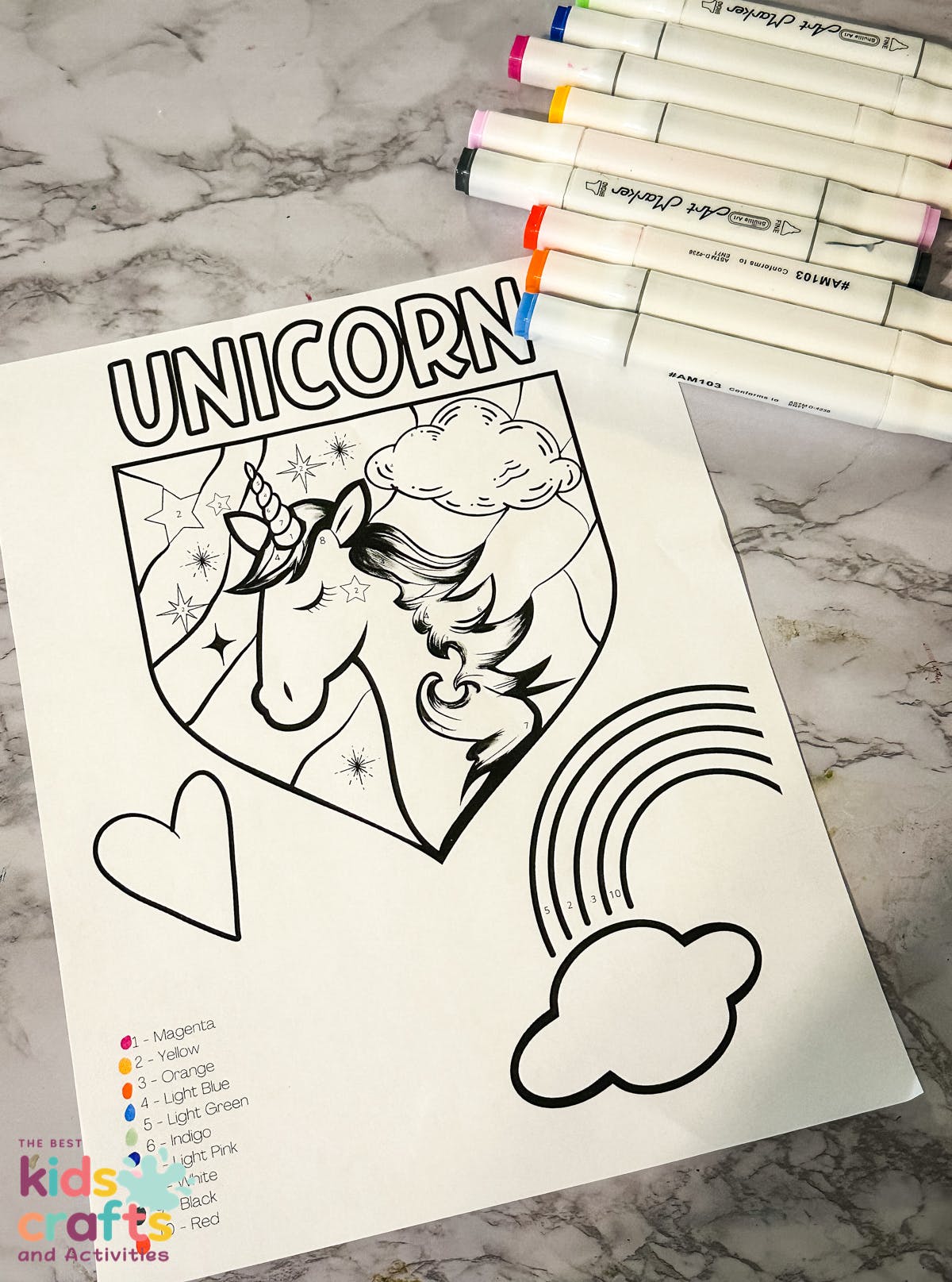 Unicorn color by number printable worksheet for kids